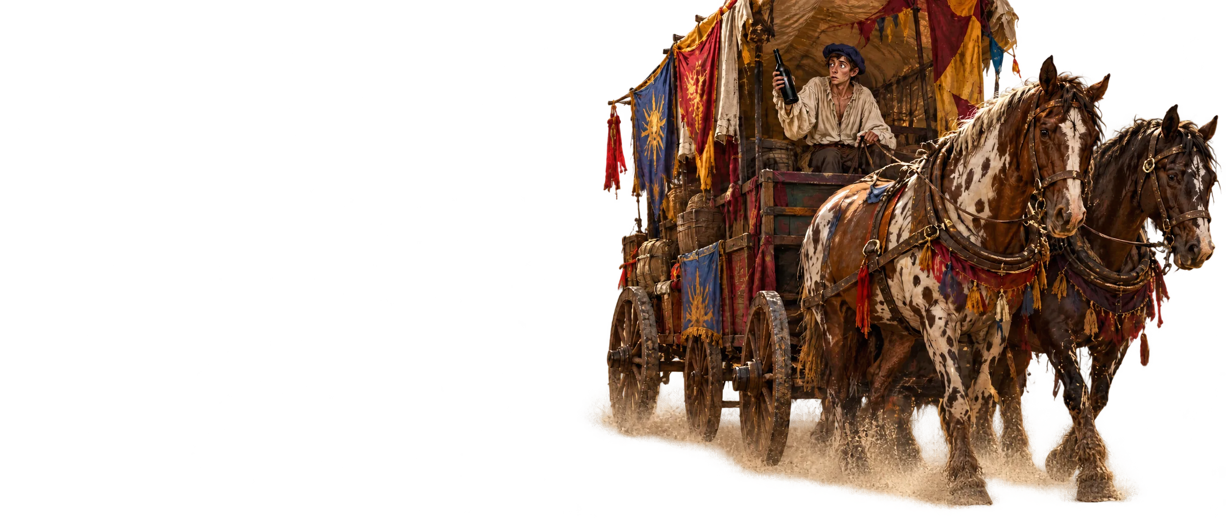 A merchant wagon stops before a lone swordsman on a dusty road