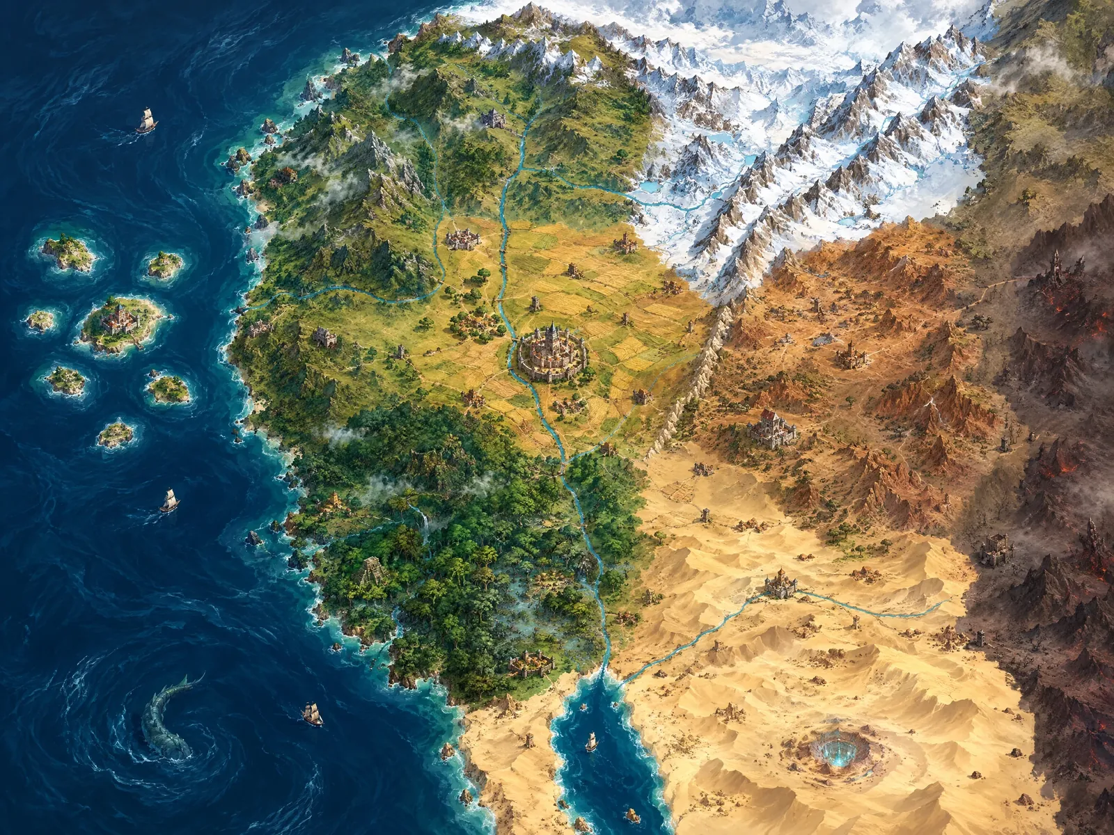 Painted map of the Concordant: snowy mountains in the north, green heartlands and a western coast with islands, and deserts spreading in the south and east.