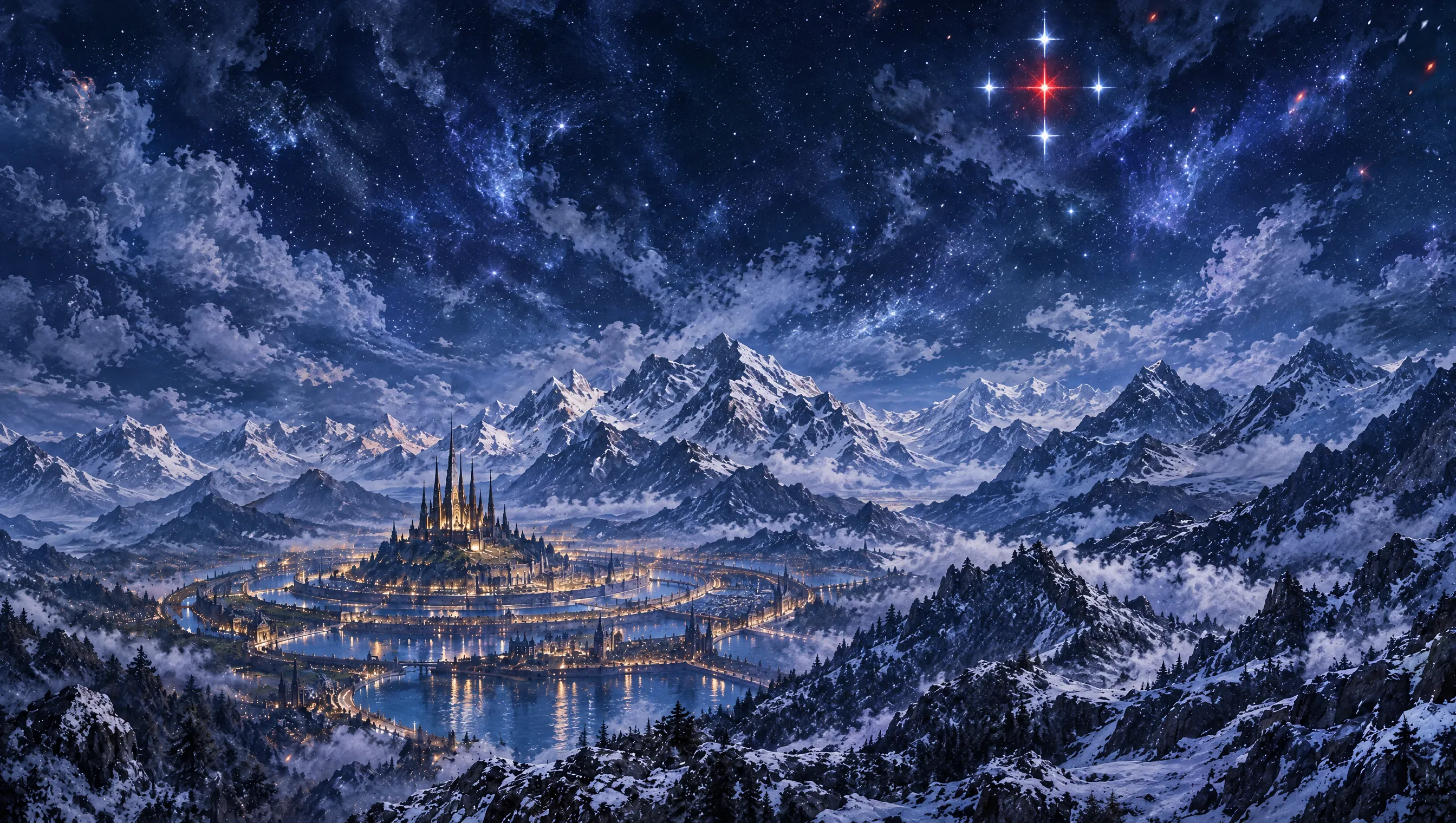 Belmaras, the ringed capital, beneath snow-capped mountains and the blood-red star